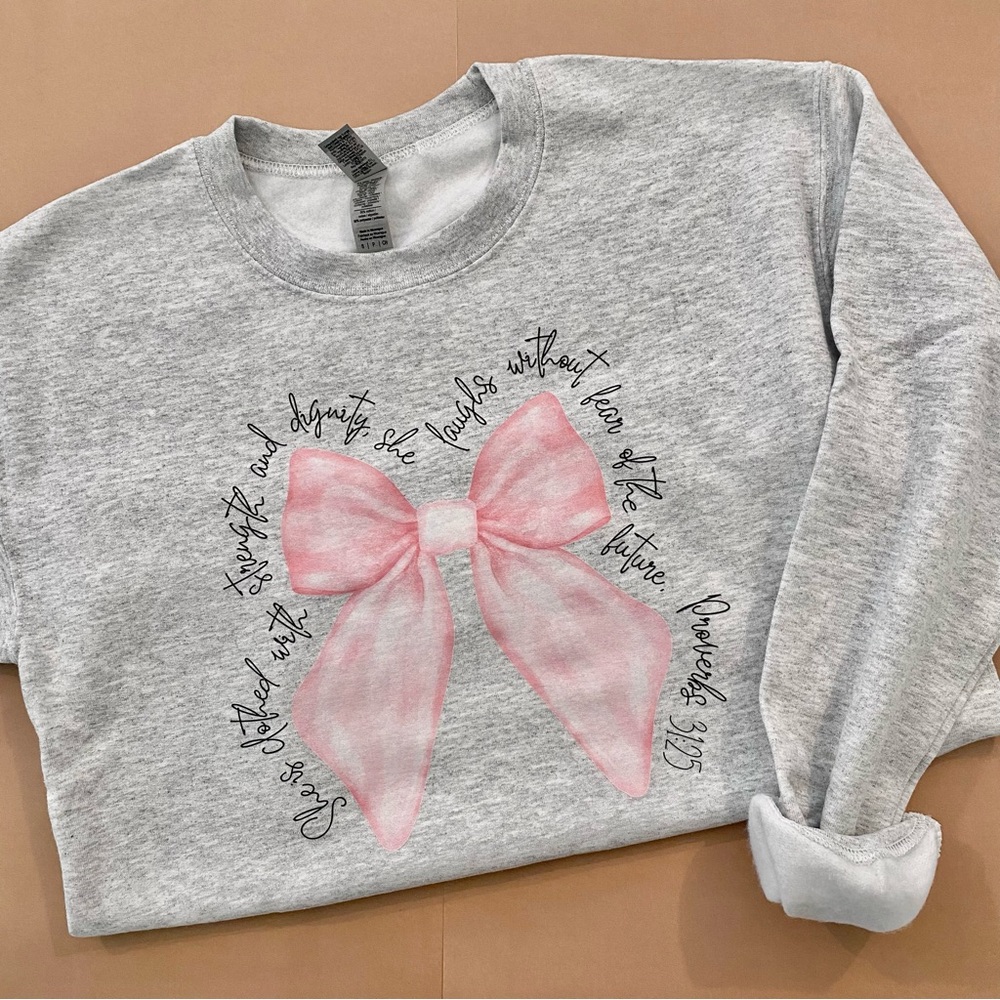 Christian crewneck with Bible verse and pink bow
